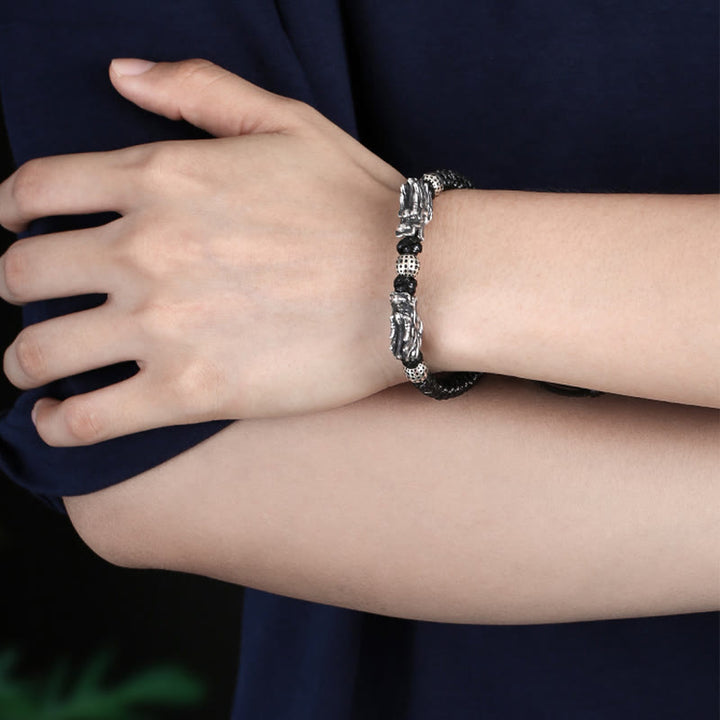 Bracelet tressé fait main en argent sterling 999 avec double dragon porte-bonheur de Buddha Stones