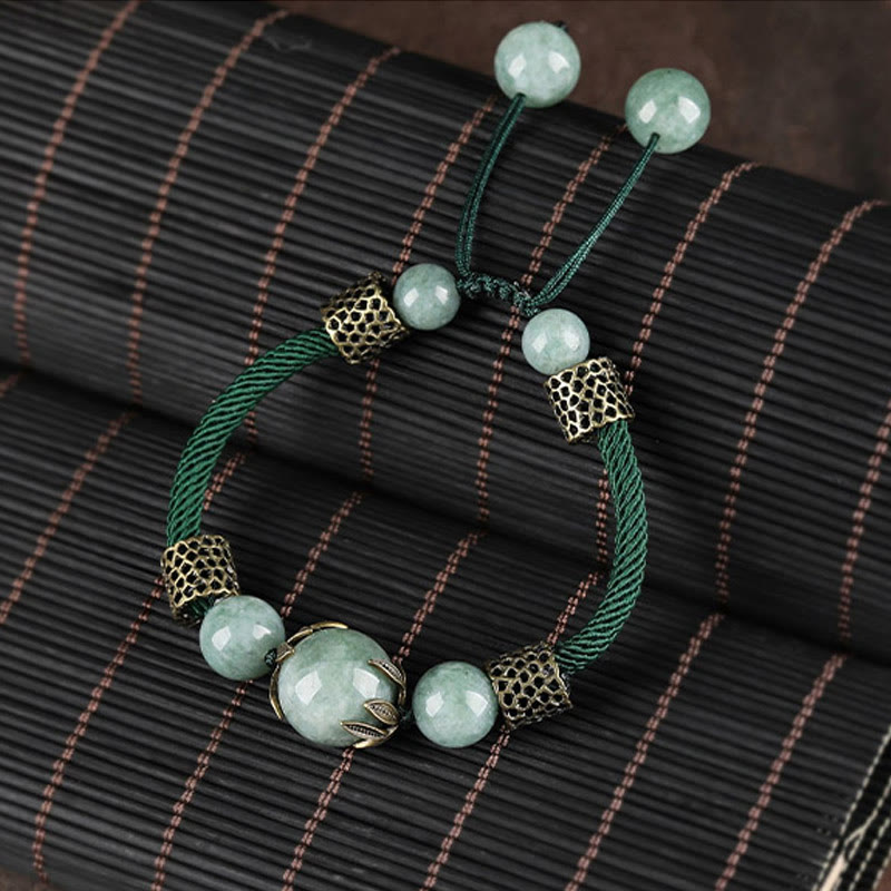 Bracelet de prospérité en perles de jade et corde verte fait main avec Buddha Stones