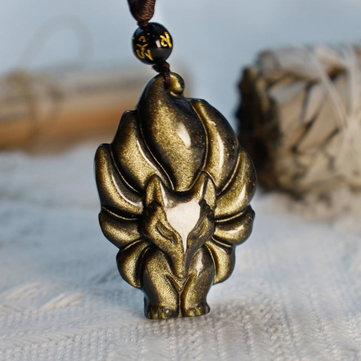 Collier pendentif positif en obsidienne arc-en-ciel naturelle Buddha Stones et obsidienne dorée brillante à neuf queues