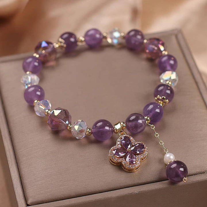 Bracelet de guérison spirituelle en cristal d'améthyste naturelle et trèfle à quatre feuilles de Buddha Stones