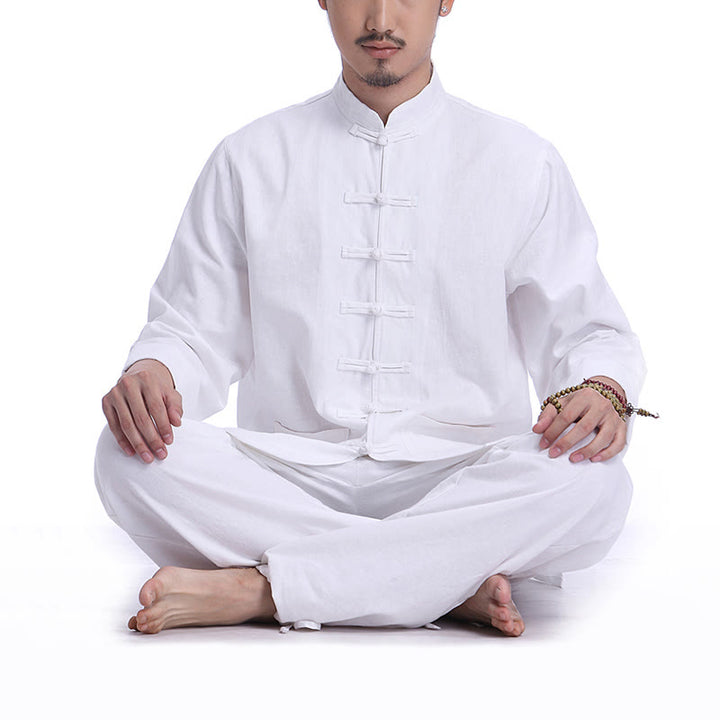 Ensemble pour homme en coton et lin avec boutons en forme de grenouille chinoise et Buddha Stones, méditation, prière, pratique spirituelle zen, yoga - Blanc (manches longues) - US/UK/AU44，EU54 (3XL) - image 8