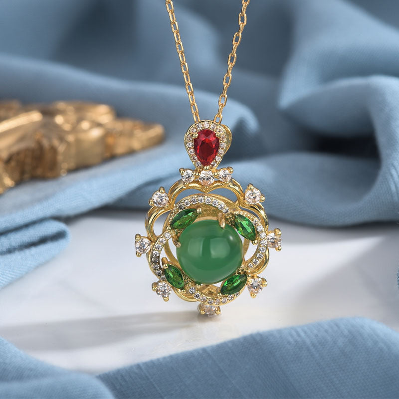Collier porte-bonheur en jade cyan et cristal rouge avec Buddha Stones - Vert - image 1