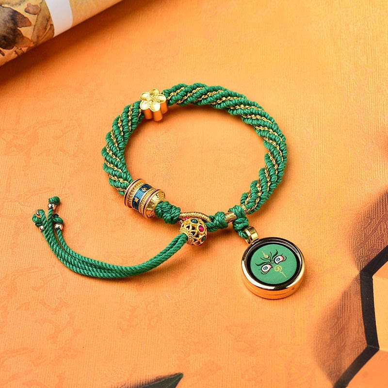 Bracelet en corde tissée avec breloque en forme de fleur et roue de prière en Buddha Stones faites à la main avec cinq dieux de la richesse et de la chance