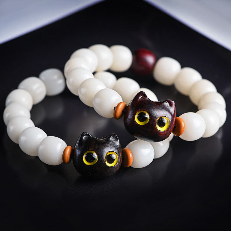 Bracelet de sagesse en Buddha Stones, graine de Bodhi naturelle, petite feuille, bois de santal rouge, bois d'ébène, joli chat porte-bonheur - image 1