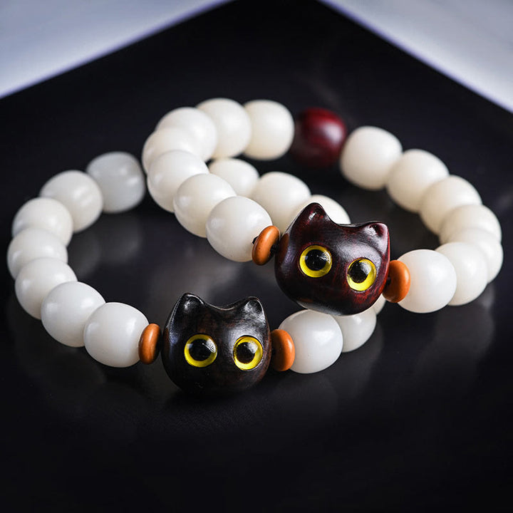 Bracelet de sagesse en Buddha Stones, graine de Bodhi naturelle, petite feuille, bois de santal rouge, bois d'ébène, joli chat porte-bonheur - image 1