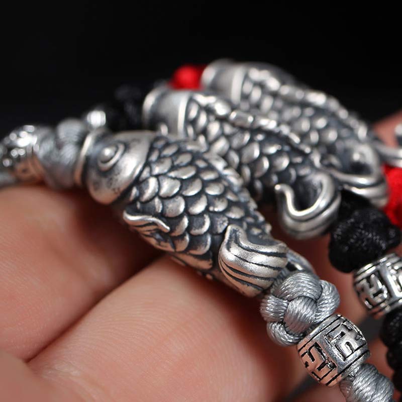 Bracelet tressé en argent avec motif poisson Koi et Buddha Stones