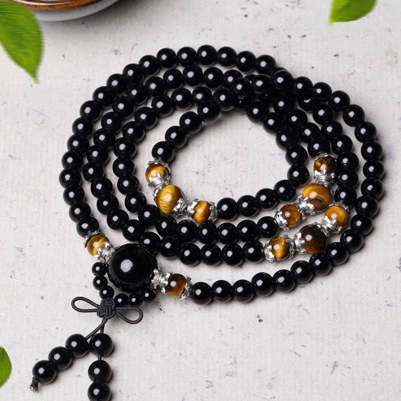 Bracelet Mala 108 perles en obsidienne noire naturelle œil de tigre Buddha Stones