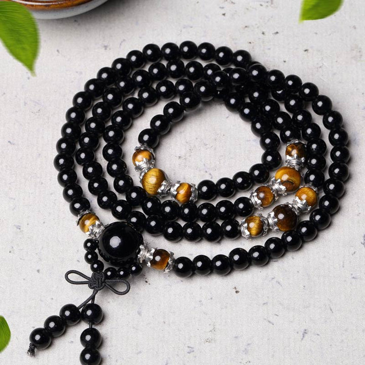 Bracelet Mala 108 perles en obsidienne noire naturelle œil de tigre Buddha Stones