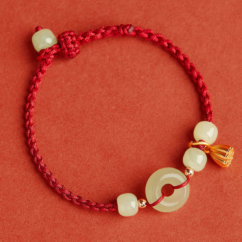 Bracelet en corde avec boucle ronde en Buddha Stones et lotus de jade pour la paix, le bonheur, l'abondance et la richesse