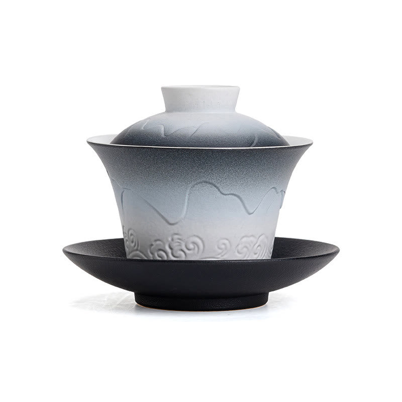 Tasse à thé et soucoupe en céramique avec couvercle en Buddha Stones, style rétro, bleu océan, vagues de la mer, dégradé, Gaiwan, Sancai