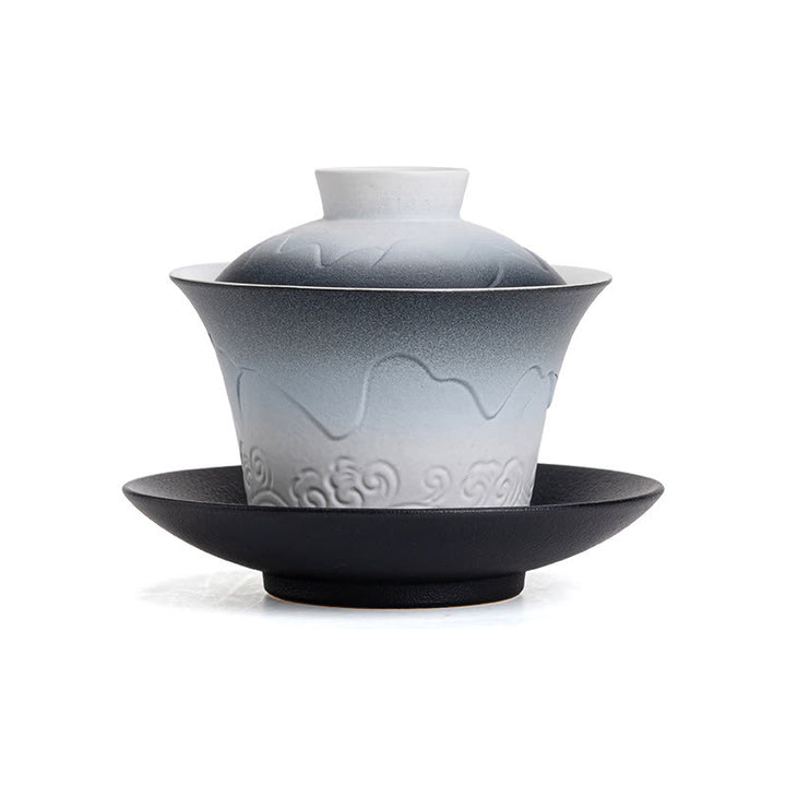 Tasse à thé et soucoupe en céramique avec couvercle en Buddha Stones, style rétro, bleu océan, vagues de la mer, dégradé, Gaiwan, Sancai