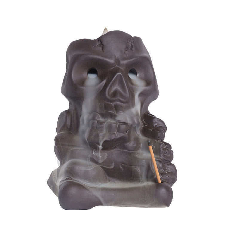Brûleur d'encens de guérison en argile violette avec tête de mort en Buddha Stones pour Halloween