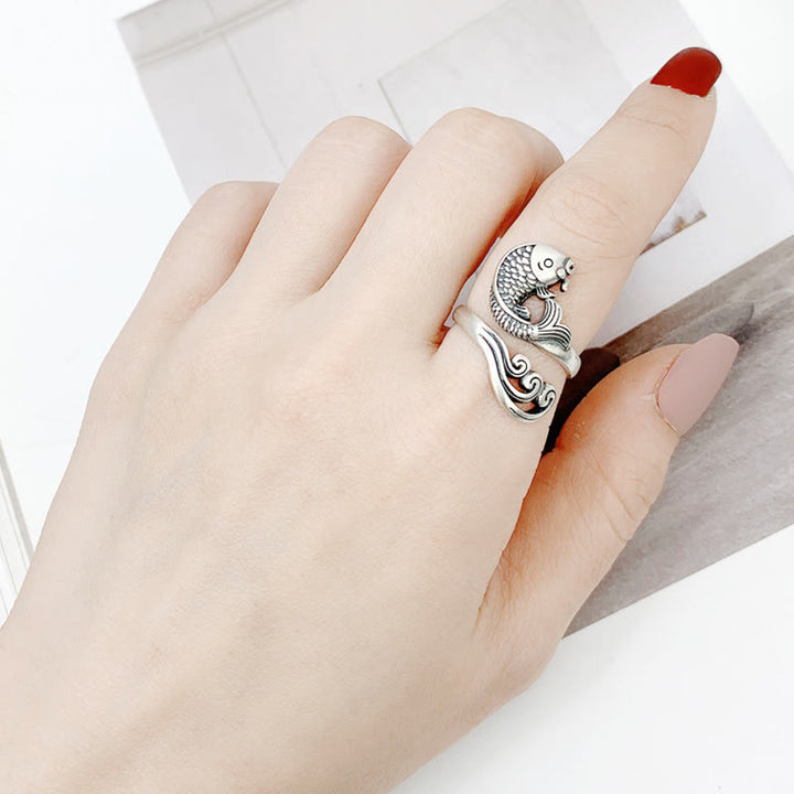 Bague en argent sterling 925 Buddha Stones et poisson koï