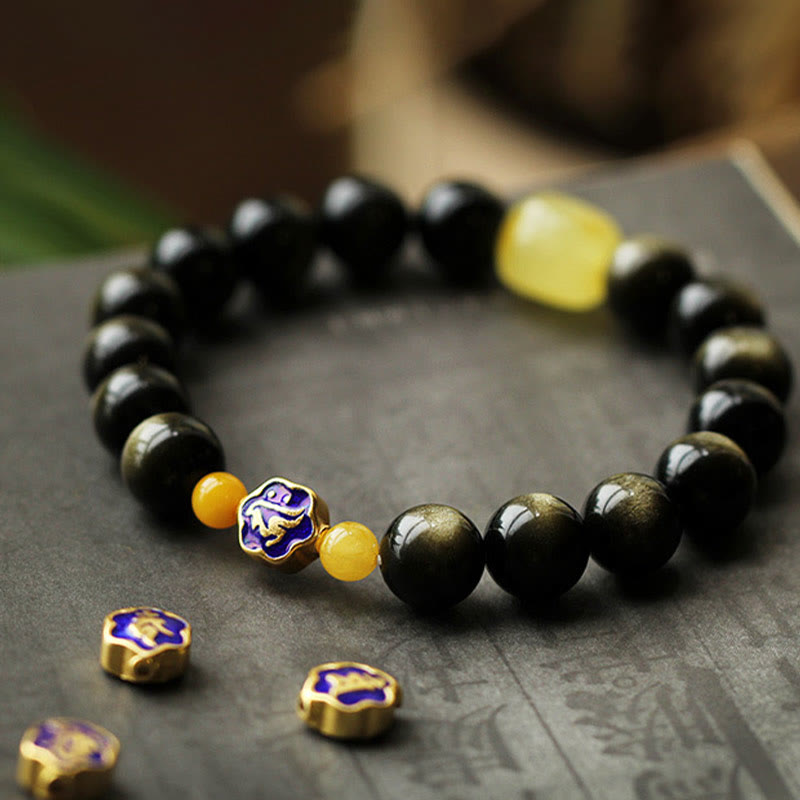 Bracelet de protection de richesse en obsidienne et ambre en argent sterling 925 avec Buddha Stones et zodiaque chinois