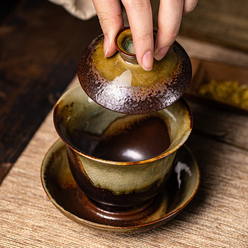 Buddha Stones Vintage Brown Kiln Change Design Porcelaine Céramique Gaiwan Sancai Tasse À Thé Kung Fu Tasse À Thé Et Soucoupe Avec Couvercle
