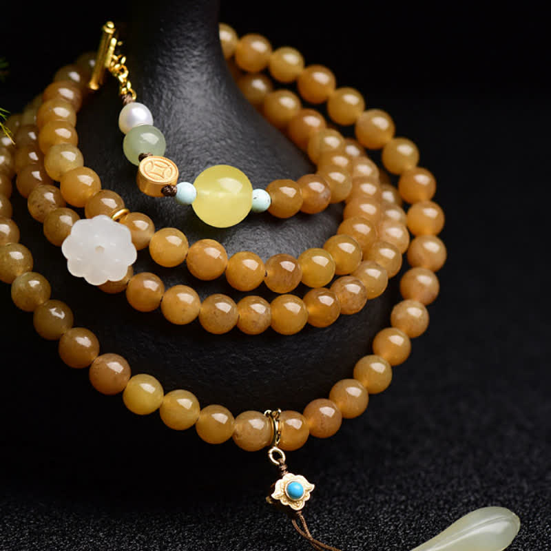 Bracelet de réussite en jade blanc et perles de lotus, topaze naturelle de Hetian, ambre et lotus