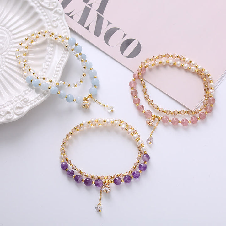 Bracelet double tour en améthyste naturelle, aigue-marine, quartz fraise, perle de guérison de la paix
