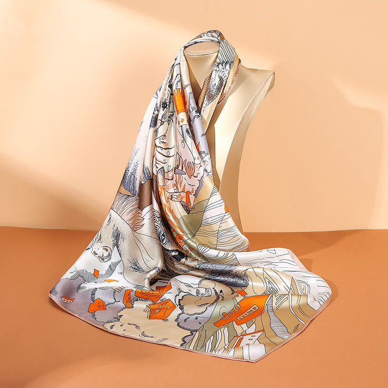 Foulard pour cheveux en soie de mûrier 100 % Buddha Stones et peinture à l'huile sur la ville, scène de neige, château, lotus