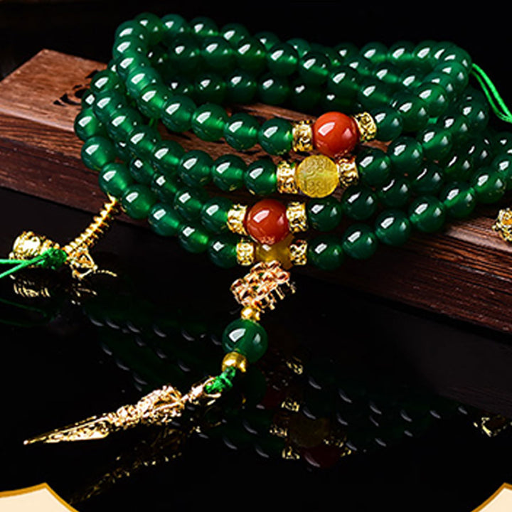 Bracelet Mala de réussite en agate verte naturelle avec 108 perles de Buddha Stones