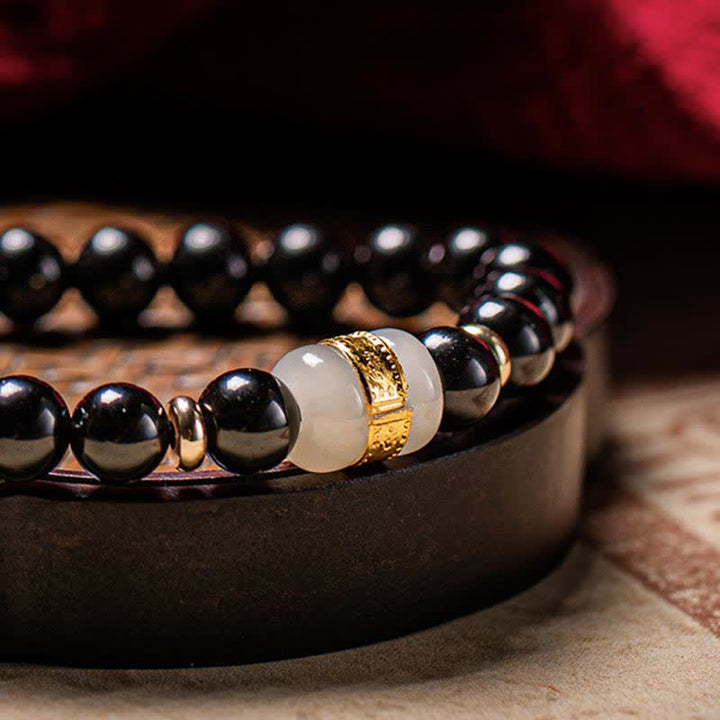Bracelet magnétique pour couple en obsidienne Buddha Stones et jade Om Mani Padme Hum