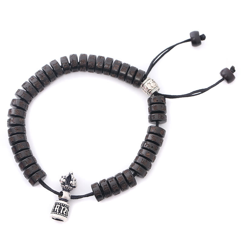 Bracelet en corde de bonheur sculpté en coquille de noix de coco du Tibet Buddha Stones Om Mani Padme Hum Dorje Vajra Bell