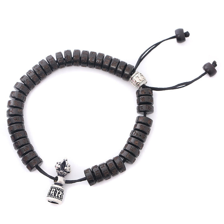 Bracelet en corde de bonheur sculpté en coquille de noix de coco du Tibet Buddha Stones Om Mani Padme Hum Dorje Vajra Bell