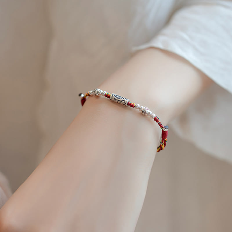 Bracelet de cheville tressé en argent sterling 925 avec poisson Koi et pierres de Buddha Stones