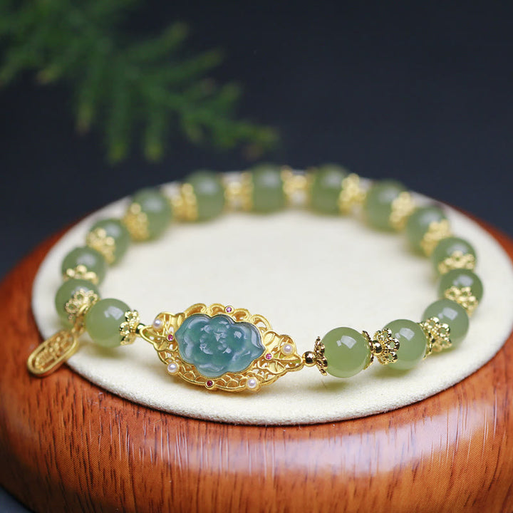 Bracelet porte-bonheur en argent sterling 925 plaqué or 14 carats avec lotus en jade Hetian