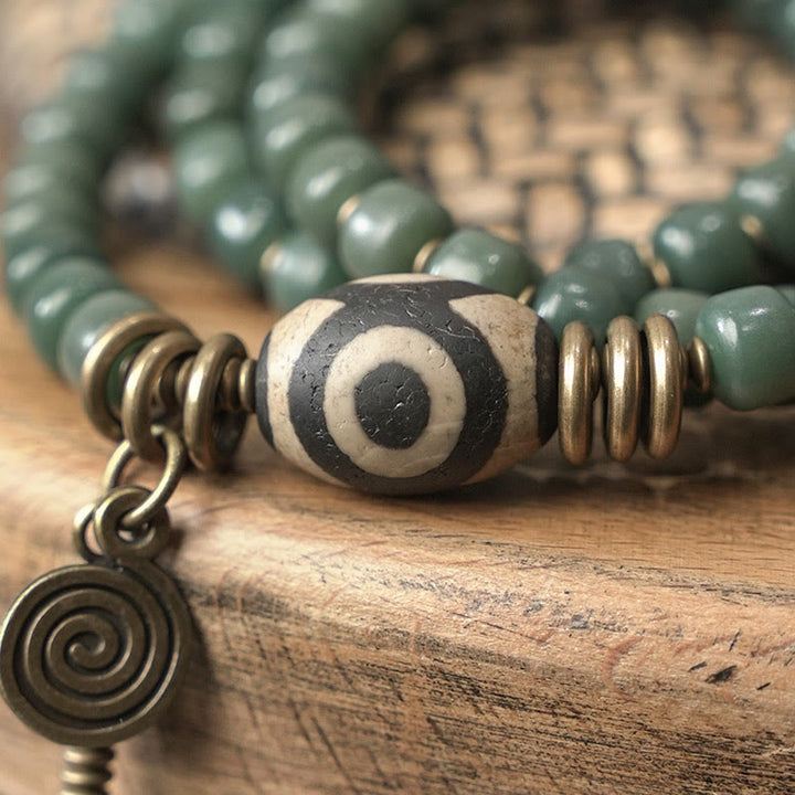 Bracelet triple tour en perles de Bodhi Dzi cyan avec perles de sagesse et de paix