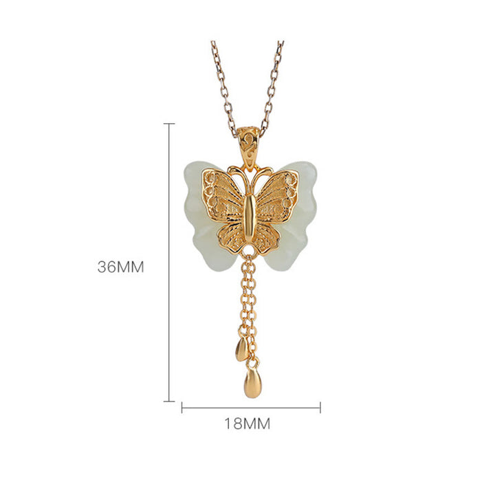 Collier pendentif bénédiction papillon en jade blanc Hetian plaqué or en argent sterling 925 Buddha Stones