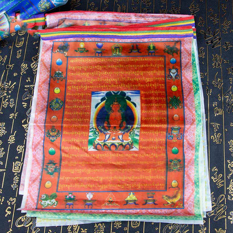 Buddha Stones Drapeau de prière extérieur tibétain à cinq couleurs représentant le Bouddha du Cheval de Vent et Tara, symbole de guérison et de bon augure - image 3