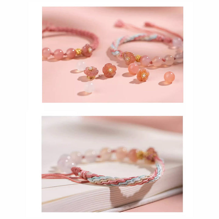 Bracelet en corde fait main avec Buddha Stones en agate naturelle dégradée et nœud de réincarnation en fleur de pêcher