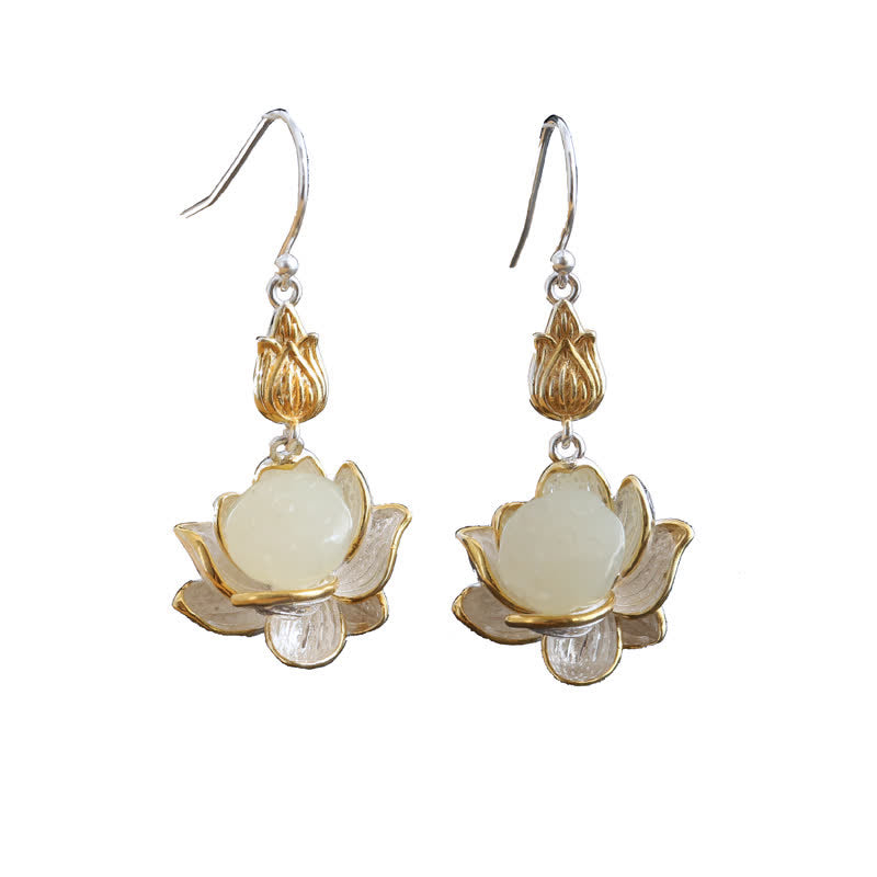 Boucles d'oreilles pendantes en jade blanc et Buddha Stones