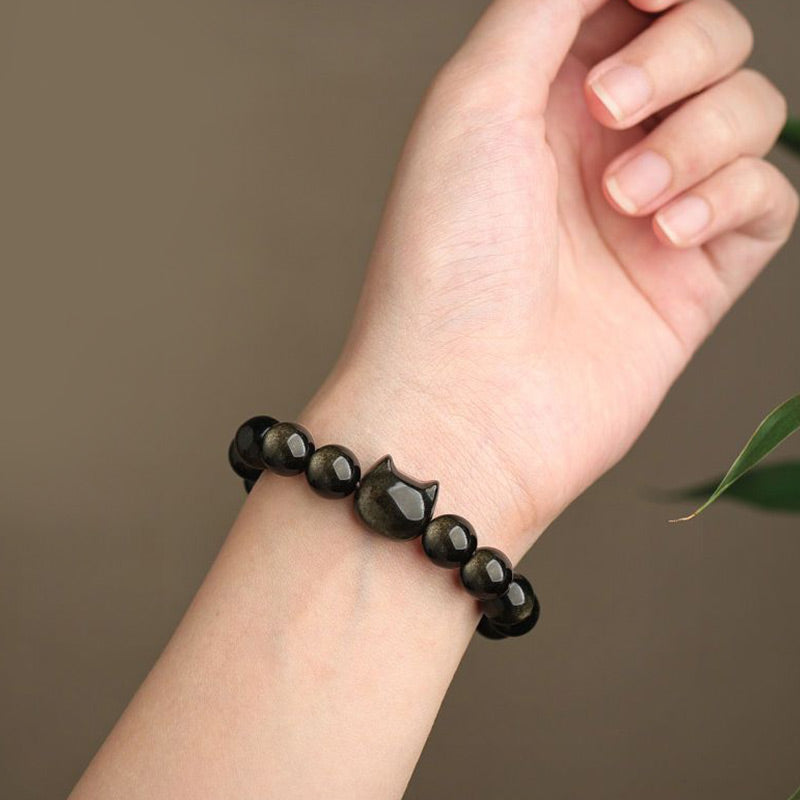 Bracelet de protection porte-bonheur en obsidienne dorée et argentée avec Buddha Stones et jolie patte de chat porte-bonheur - image 7