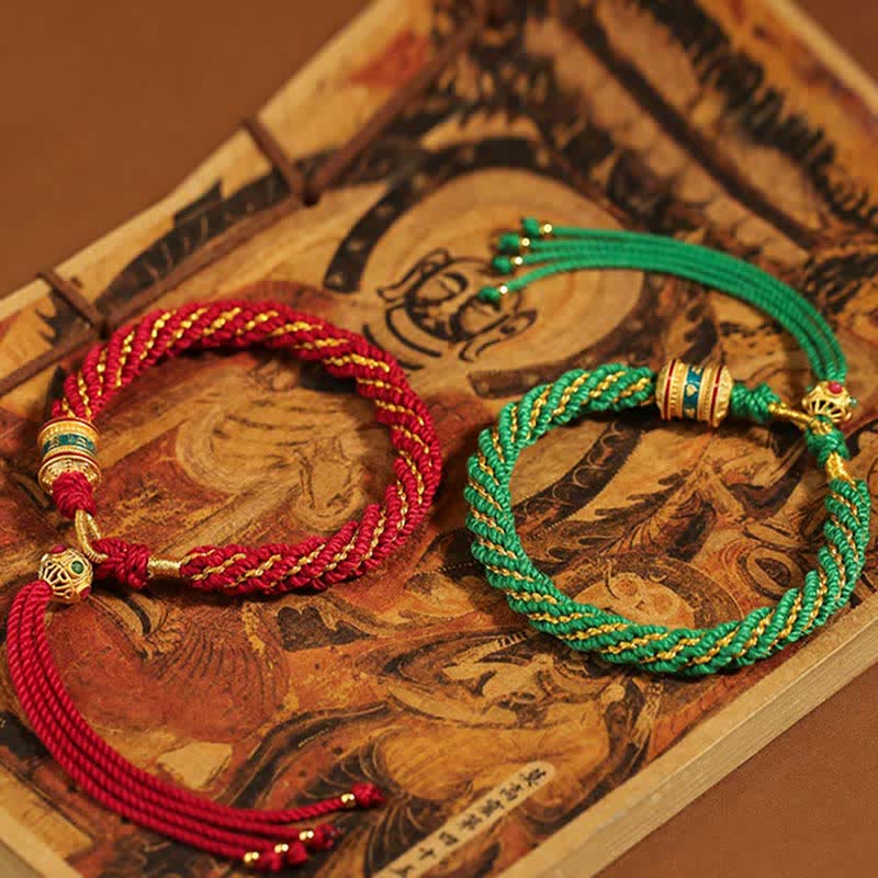 Bracelet tibétain en corde tressée avec breloque porte-bonheur Thangka en Buddha Stones