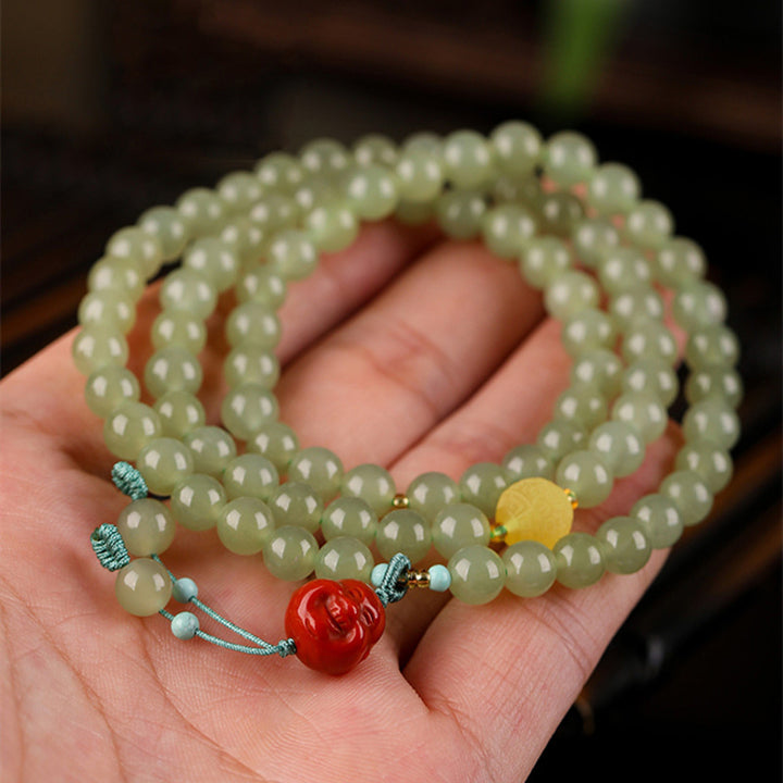 Bracelet de prospérité Bouddha rieur en jade agate rouge et ambre