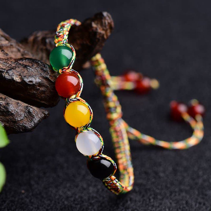 Bracelet en fil d'agate colorée, métal, bois, eau, feu, terre, cinq éléments