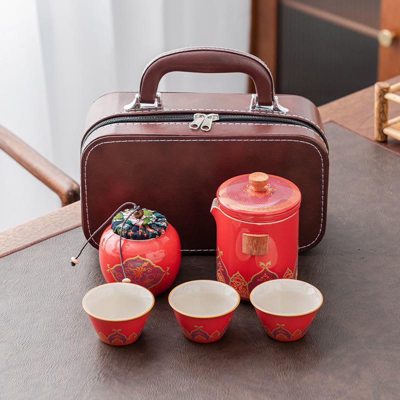 Théière chinoise Gongfu en céramique avec Buddha Stones - Rouge - 1 théière + 3 tasses + 1 sac à main + 1 boîte à thé - image 25