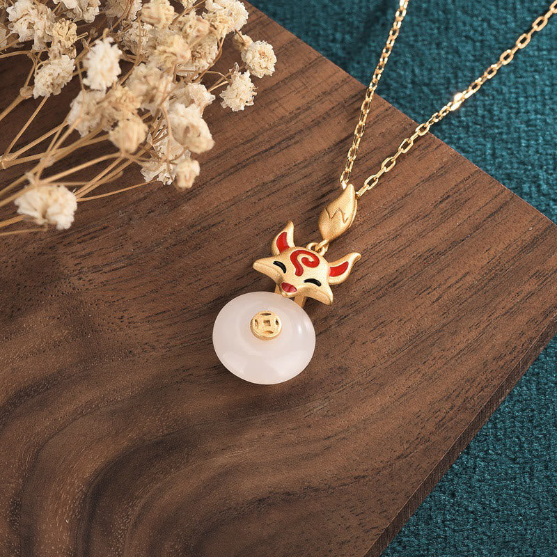 Collier pendentif en cuivre avec Buddha Stones et renard en jade blanc
