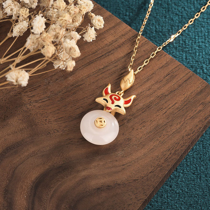 Collier pendentif en cuivre avec Buddha Stones et renard en jade blanc