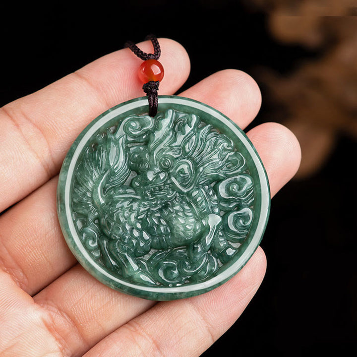 Collier pendentif en jade naturel Kirin Abondance avec Buddha Stones