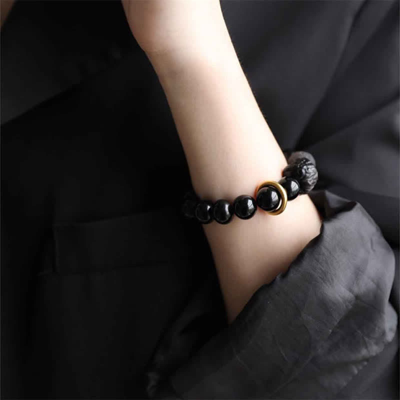 Bracelet Force du Lion en Obsidienne Noire et Argent