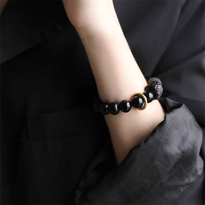 Bracelet Force du Lion en Obsidienne Noire et Argent