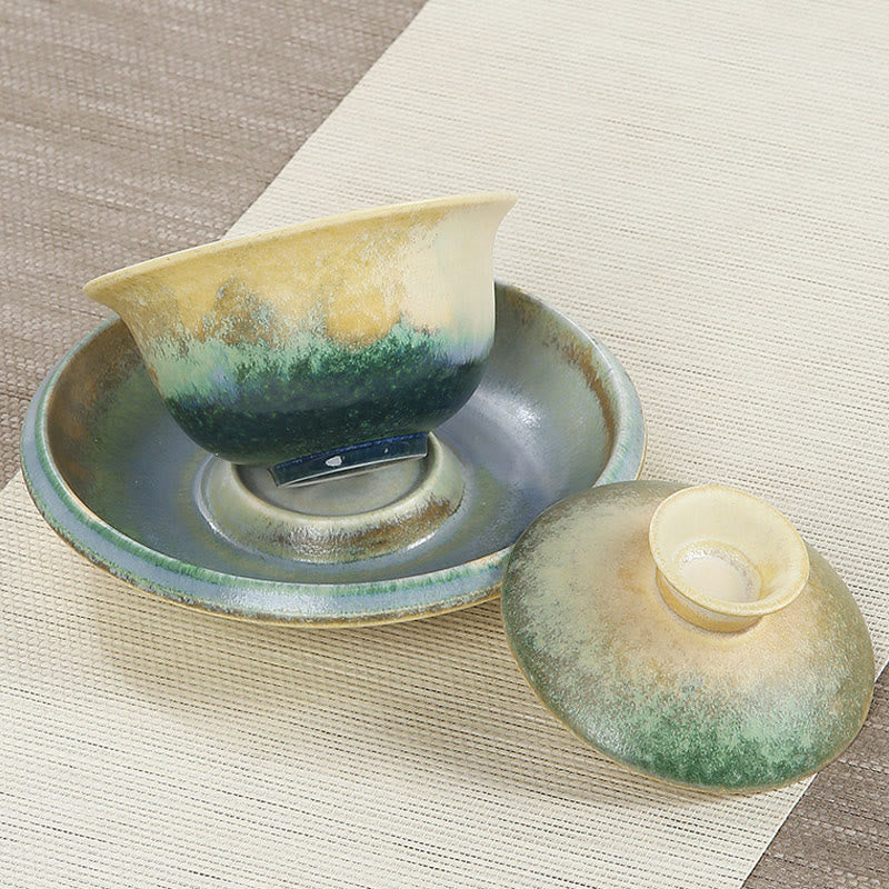 Tasse à thé et soucoupe en porcelaine avec motif de vagues de l'océan vert et Buddha Stones , tasse à thé Gaiwan Sancai en céramique Kung Fu avec couvercle