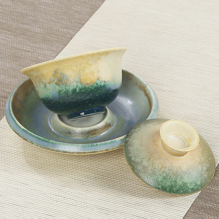 Tasse à thé et soucoupe en porcelaine avec motif de vagues de l'océan vert et Buddha Stones , tasse à thé Gaiwan Sancai en céramique Kung Fu avec couvercle
