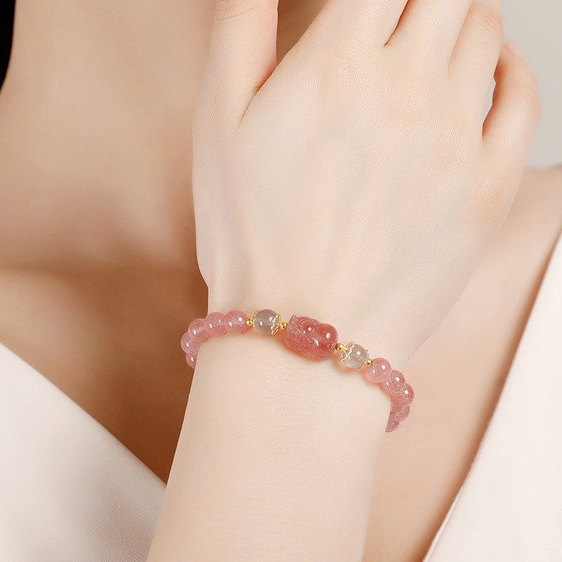 Bracelet de guérison PiXiu en aigue- Buddha Stones, quartz fraise, améthyste et pierre de lune