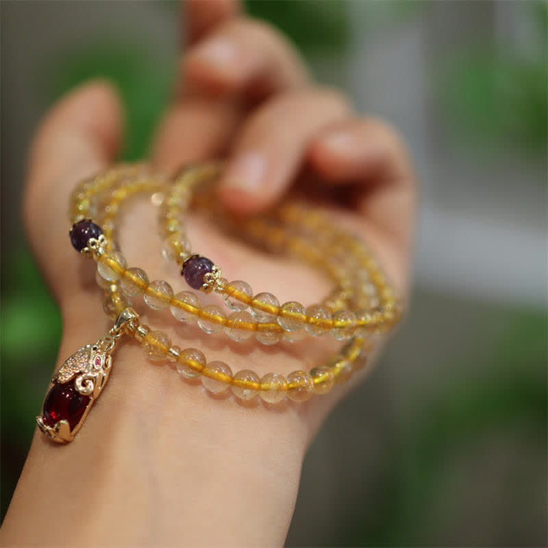 Bracelet de protection du bonheur et de la prospérité PiXiu en Buddha Stones Citrine Améthyste