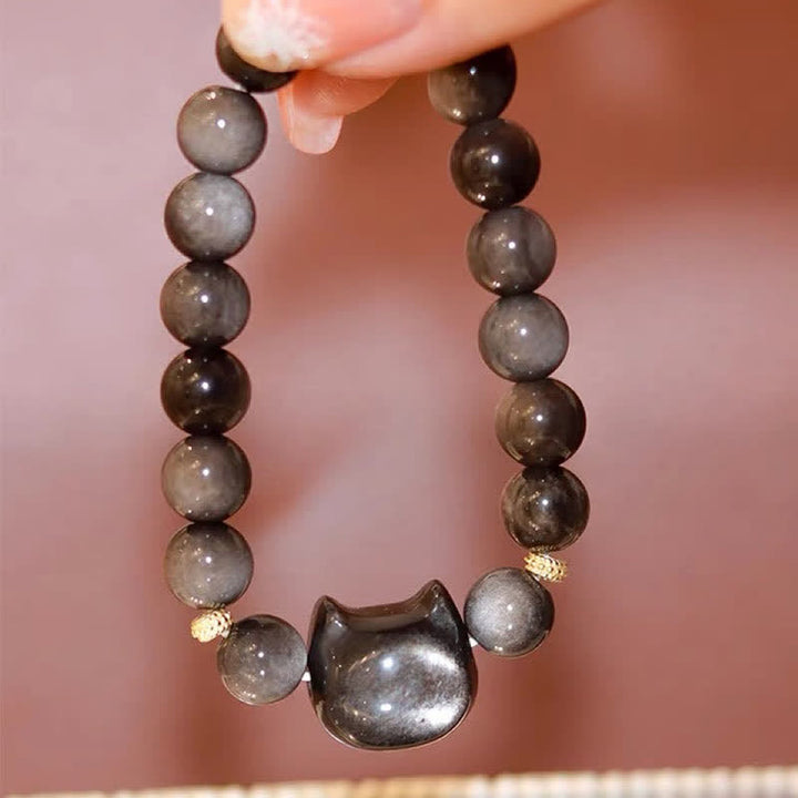 Bracelet de protection porte-bonheur en obsidienne dorée et argentée avec Buddha Stones et jolie patte de chat porte-bonheur - image 37