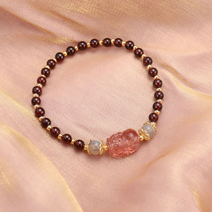 Bracelet de protection en pierre de lune PiXiu en tourmaline naturelle et grenat à fraise