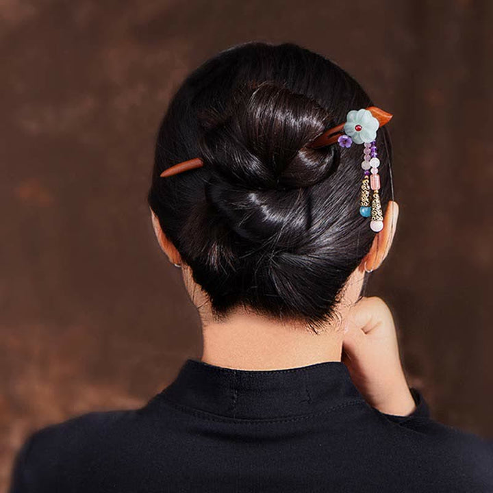 Décoration en épingle à cheveux de protection en bois de santal rouge, améthyste et aventurine